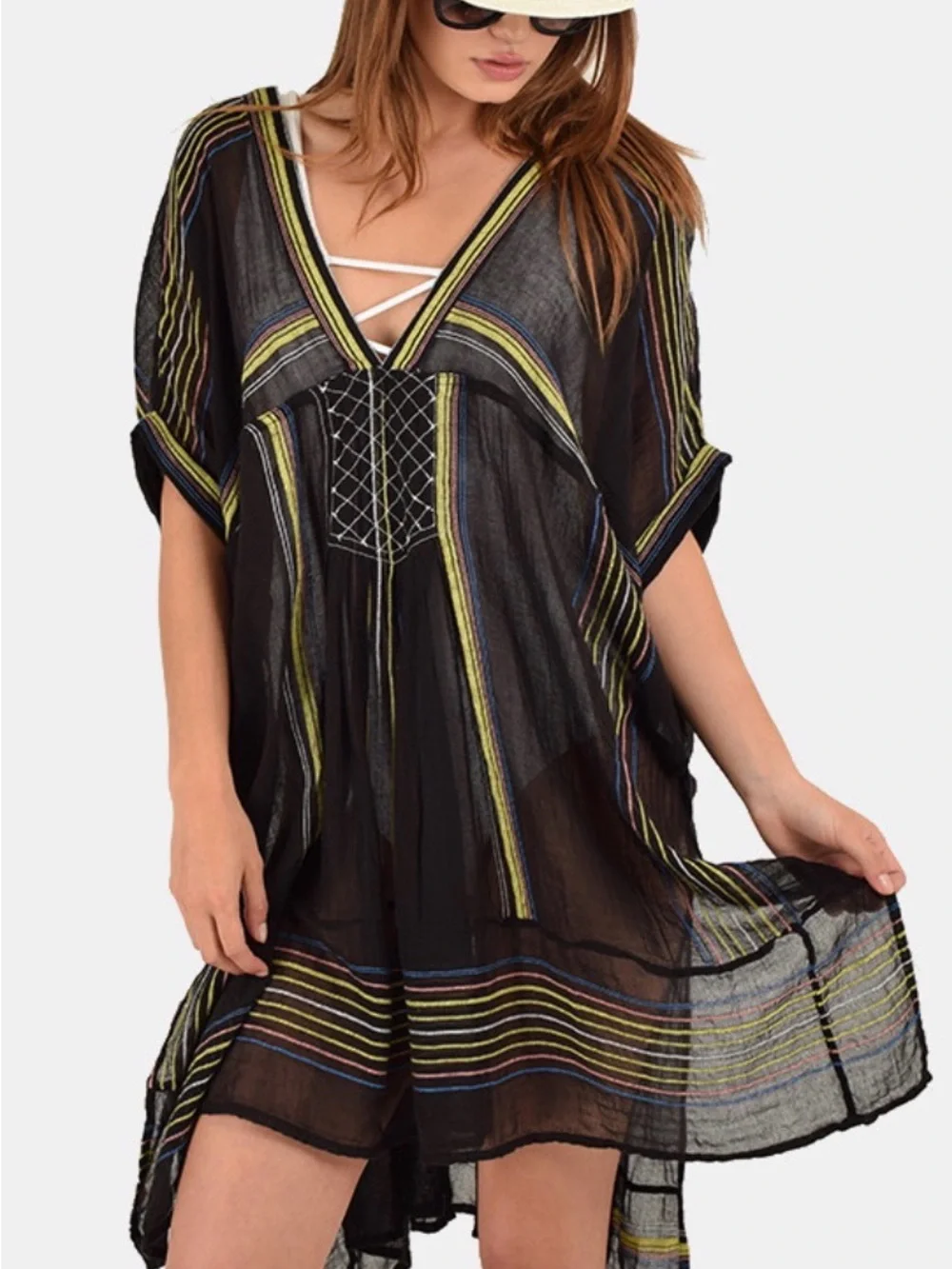 Free People Black Striped V-Neck Women's Tunic Top/Dress